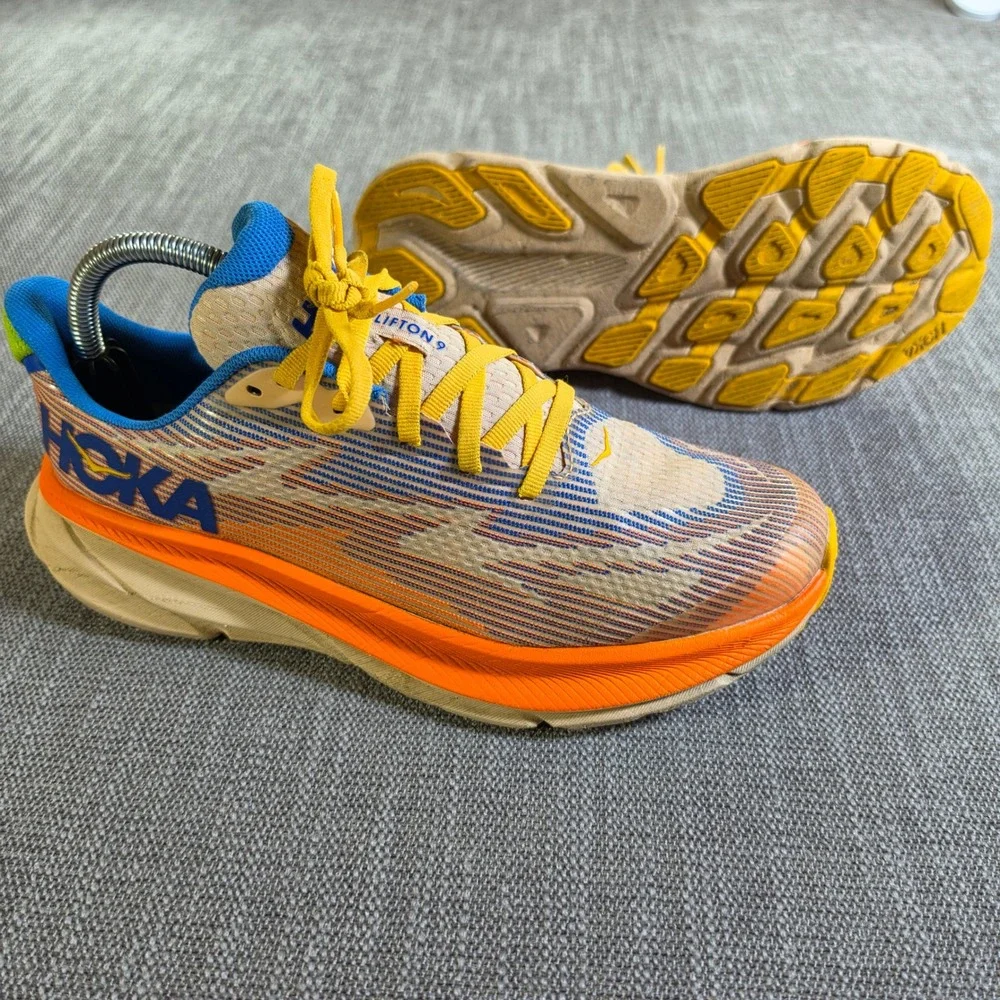 Hoka Clifton 9 Running Shoes Youth 7MD Orange Tan Blue Yellow Sneakers‎